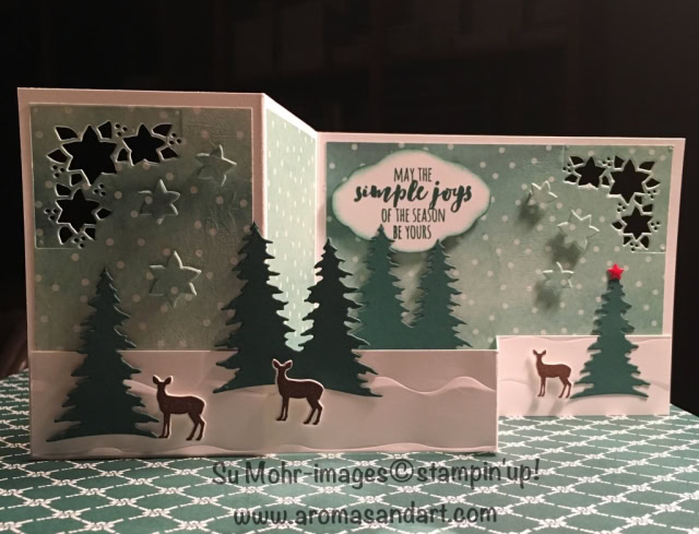 By Su Mohr for Pals August Blog Hop; Featuring: Carols of Christmas, Card Front Builder Thinlits Dies, Christmas Pines, Pretty Label Punch, Delightful Daisy DSP, Ruffled Embossing Folder; For more details click through to my blog! #carolsofchristmas #cardfrontbuilderthinlitsdies #Prettylabelpunch #delightfuldaisy #christmaspines #ruffledembossingfolder #christmascards #deer