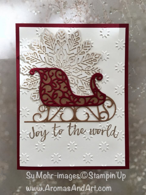 By Su Mohr for GDP115; Featuring: Santa's Sleigh, Foil Snowflakes, Hearts Come Home, Stars embossing folder; For more details click on visit to go to my blog; #ohmystars #quickandeasy #christmascards #stampinup #santassleigh #foilsnowflakes