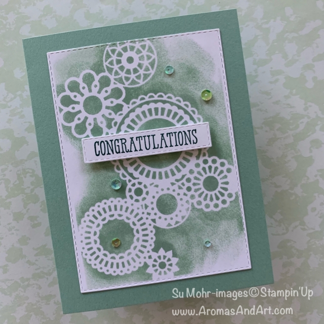 By Su Mohr for Fusions; Click READ or VISIT to go to my blog for details! Featuring: Delightfully Detailed Laser-Cut DSP, Well Said stamp set, Rectangle Stitched dies, Sponge Daubers; #stenciling #stenciltechnique #simplestamping #cardchallenges #inspiration #stampinup #wellsaid #rectanglestitched #congratulationscards