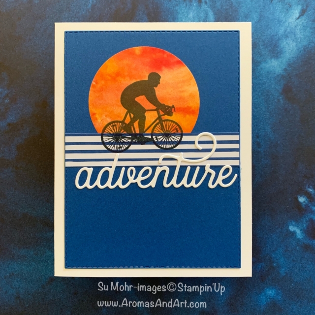 By Su Mohr for GDP; Click READ or VISIT to go to my blog for details! Featuring: Enjoy Life stamp set; See A Silhouette dies, Layering Circles dies,Sweet Silhouettes dies, See A Silhouette DSP; #sunset #bicycles #sunsetsoncards #bikesoncards #adventure #bikeriding #handmadecards #handcrafted #diy #cardchallenges