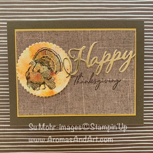 By Su Mohr for Paper Players Design Team; Click READ or VISIT to go to my blog for details! Featuring: Day Of Thanks Stamp Set, Gold Foil, Pressed Petals burlap paper, See A Silhouette Designer Paper, Layering Circles, Merry Christmas Dies; #thanksgivingcards #turkey #turkeyday #burlap #burlappaper #handmade cards #handcrafted #cardmaking #diy #stampinup #cardchallenges #holiday2019 #holidaycatalog