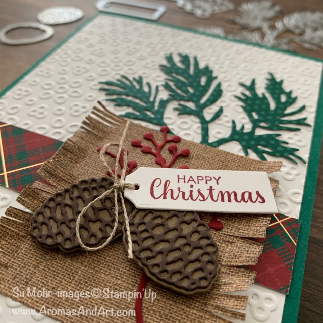 By Su Mohr for FMS; Click READ or VISIT to go to my blog for details! Featuring: Beautiful Boughs Dies, Ornate Frames Dies, Itty Bitty Christmas Stamp Set, Pressed Petals DSP, Wrapped In Plaid DSP, Eyelet Lace embossing; #christmascards #holidaycards #holiday2019 #wrappedinplaid #burlap #pinecones #eyelace #handmadecards #handcrafted #diy #cardmaking