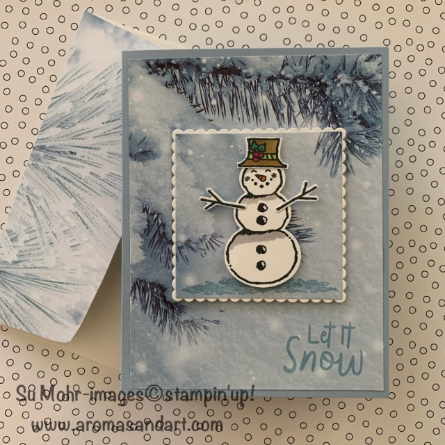 By Su Mohr for GDP; Click READ or VISIT to go to my blog for details! Featuring: Snowman Season Stamp Set, Layering Squares Dies, Snowman Builder Punch, Feels Like Frost DSP, Stampin' Blends; #christmascards #holidaycards #snowmanseason #snowmanpunch #handmadecards #handcrafted #diy #cardmaking #snowmanoncards #cardchallenges #casethedesigner