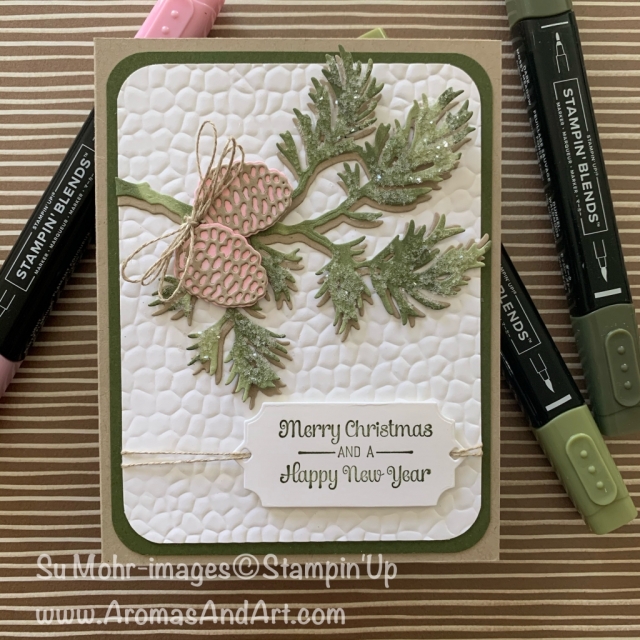 By Su Mohr for GDP; Click READ or VISIT to go to my blog for details! Featuring: Beautiful Boughs Dies, Itty Bitty Christmas Stamp Set, Detailed Trio Punch, Ice Stampin' Glitter, Shimmery Crystal Effects, Hammered metal embossing; #christmascards #holidaycards #newyearscards #beautifulboughs #pinecones #boughs #colorcombinations #colorchallenges #handmadecards #handcrafted #diy #cardmaking #