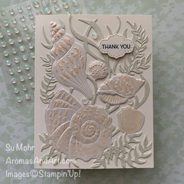 By Su Mohr for GDP273; Click aromasandart.com to go to my blog for details! Featuring: Sand & Sea Suite, Friends Are Like Seashells Stamp Set, Seashells Embossing Folder, Pearlescent Specialty paper, Opal Rounds, Seaside Seashells Dies; #stampinup #shells #shellsoncards #friendsarelikeseashells #seashellsembossing #seaside #jan-june2021 #2021 #handmadecards #handcrafted #diy #cardmaking #papercarfting 