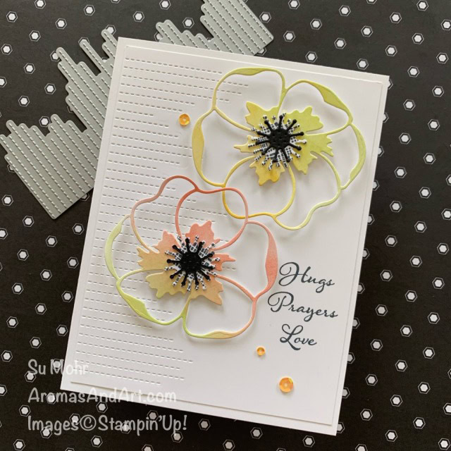 By Su Mohr for GDP253; Click READ or VISIT to go to my blog for details! Featuring: Poppy Moments Dies, Positive Thoughts Stamp Set, Textured Essentials Stamp Set,Stitched Leaves Dies; 