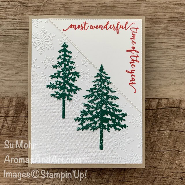 By Su Mohr for #GDP255; Click READ or VISIT to go to my blog for details! Featuring: In The Pines Stamp Set, Pinewoods Dies, Festive Corners Stamp Set, Tasteful Textile embossing, Winter Snow embossing, Stitched Triangles, Regals 6X6 Paper; #christmascards #holiday2020 #christmastrees #treesoncards #stitchedtriangles #inthepines #gdp255 #handmadecards #handcrafted #diy #cardmaking #papercrafting #stampinup