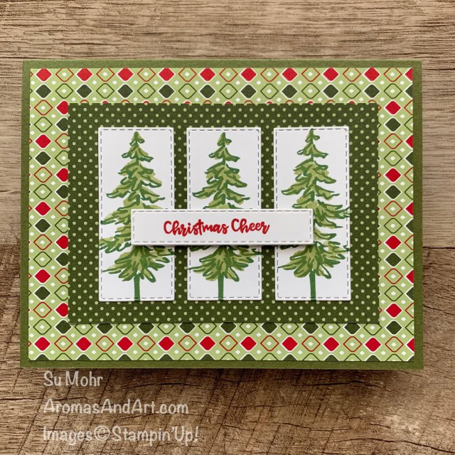 By Su Mohr for #GDP258; Click READ or VISIT to go to my blog for details! Featuring: Heartwarming Hugs Paper, In The Pines Stamp Set, Itty Bitty Christmas Stamp Set, Stitched Rectangles Dies; #christmascards #holidaycards #treesoncards #Christmastrees #gdp258 #handmadecards #handcrafted #diy #cardmaking #papercrafting #stampinup #traditionalchristmascards