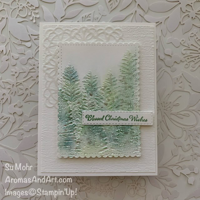 By Su Mohr for #GDP260; Click READ or VISIT to go to my blog for details! Featuring: Square Vellum Doilies, Evergreen Forest embossing, Subtle Textured embossing, Stitched So Sweetly Dies; #christmascards #evergreenforest #spongedaubers #winkofstella ##stitchedsosweetly #holidaycards #quickandeasy #cleanandsimple #trees #treesoncards #handmadecards #handcrafted #diy #cardmaking #papercrafting