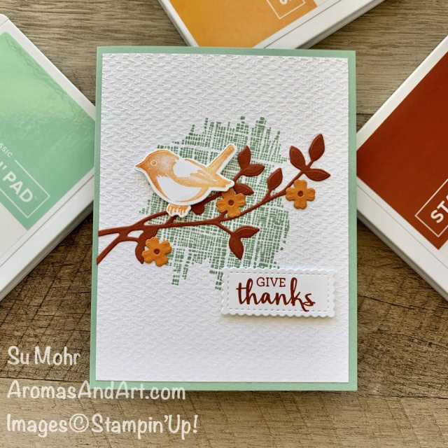 By Su Mohr for GDP261; Click READ or VISIT to go to my blog for details! Featuring: Arrange A Wreath Bundle, Birds & Branches Bundle, Textured Essentials Stamp Set, Stitched So Sweetly Dies, Tasteful Textile embossing; #gdp261 #globaldesignproject #birds #birdsoncards #colorcombos #cardchallenges #thanksgivingcards #handmadecards #handcrafted #diy #cardmaking #papercrafting #stampinup #holiday2020