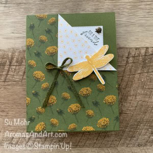 By Su Mohr; Click READ or VISIT to go to my blog for details! Featuring: Dandy Garden Project Collection; Dragonfly Garden Stamp Set, Ladybug Trinkets, Dandy Garden Designer Paper, Braided Linen Trim; #dandygarden #dragonflygarden #dragonflypunch #dragonflies #dragonfliesoncards #cardtechniques #foldedcorner #friendshipcards #sneakpeek #onstage2020 #joinstampinup #handmadecards #handcrafted #carddesigns #diy #carmaking #papercrafting