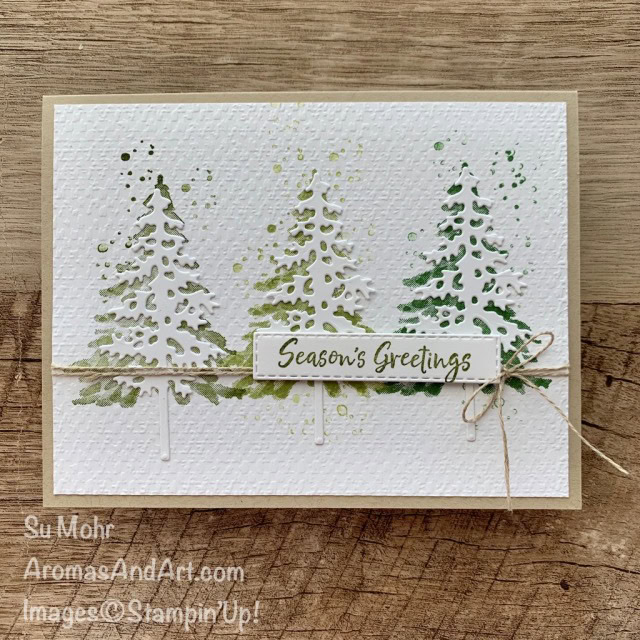 By Su Mohr for GDP264; Click READ or VISIT to go to my blog for details! featuring: In The Pines Stamp set, Pine Woods Dies, Tasteful Textile embossing, Stitched Rectangles Dies, Linen Thread; #christmascards #holidaycards #holiday2020 #inthepines #pinetrees #treesoncards #gdp264 #handmadecards #handcrafted #diy #cardmaking #papercrafting #cardstocase #cardinstruction #stampinup #cardchallenges