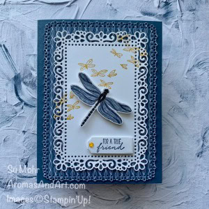 By Su Mohr for #onstageathome; Click READ or VISIT to go to my blog for details! Featuring: Dragonfly Gardens Bundle; Dragonflies Punch,Ornate Layers Dies, Ornate Frames Dies, In Color Enamel Dots; #dragonflygardens #dandygardens #2021catalog #fragonflies #dragonfliesoncards #handmadecards #handcrafted #diy #cardmaking #papercrafting #cardinstruction #onstageathome #alternativedesign #alternatives #stampinup #stampinup2021