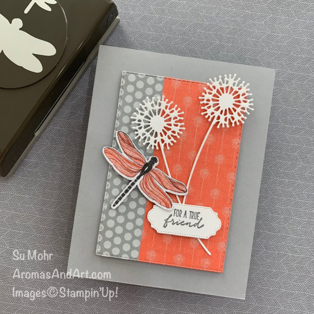 By Su Mohr for FMS; Click READ or VISIT to go to my blog for details! Featuring: Dragonfly Garden Bundle, Dragonflies Punch, Sweet Silhouettes Dies, Ornate Frames Dies, Dandy Garden Designer Paper; #dragonglygarden #dandygarden #dragonfliespunch #dragonflies #dragonfliesoncards #friendshipcards #handmadecards #handcrafted #diy #cardmaking #cardinstruction #papercrafting #stampinup #onstageathome #cardsketches #sweetsilhouettes #dandelions