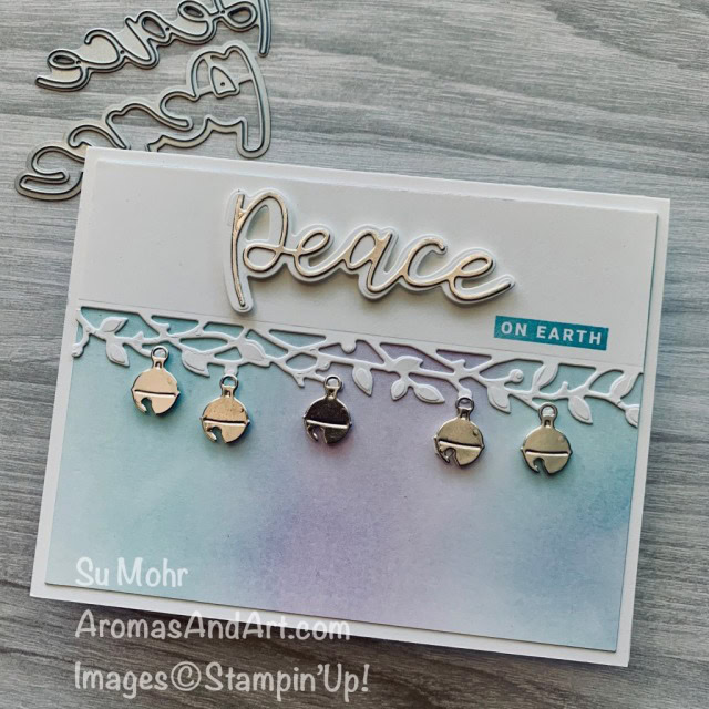 By Su Mohr for GDP272-2; Click aromasandart.com to go to my blog for details! Featuring: Bird & More Dies, Joy Dies, Peace & Joy Stamp Set, Sounds Of The Season Dies, Blending Brushes; #christmascards #holidaycards #holiday2020 #birds&more #soundsoftheseason #bellsoncards #peaceandjoy#joydies #worddies #cardchallenges #handmadecards #handcrafted #cardmaking #diy #papercrafting