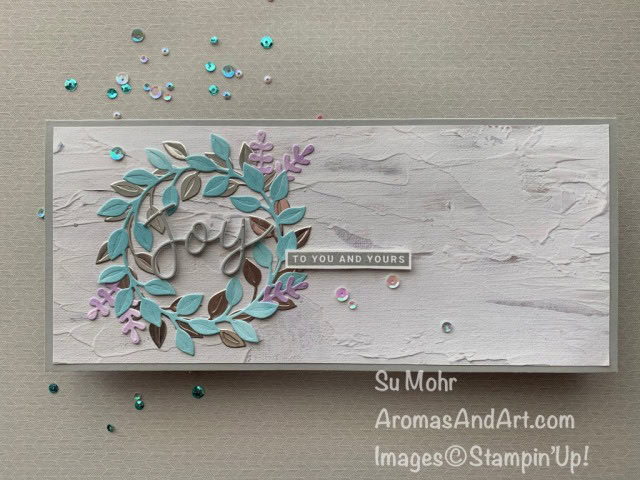 By Su Mohr for GDP270 and TGIF; Click aromasandart.com to go to my blog for details! Featuring: Wreath Builder Dies, Joy Dies, Peace& Joy Stamp Set, In Good Taste Designer Paper, Blending Brushes; #christmascards #holidaycards #holiday2020, #wreaths #wreathsoncards #joydies #slimlinecards #cardchallenges #gdp270 #handmadecards #handcrafted #diy #cardmaking #papercrafting #ingoodtaste #peace&joy #colorcombos 
