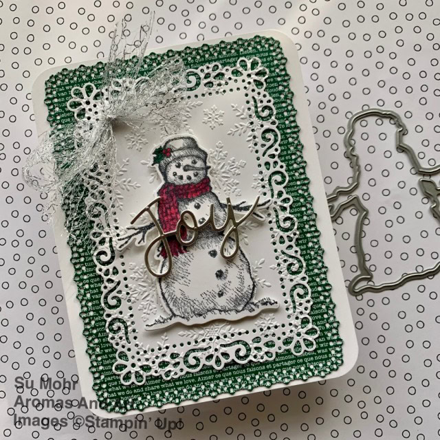 By Su Mohr for GDP271; Click aromasandart.com to go to my blog for details! Featuring: Snow Wonder Stamp Set, Snow Time Dies, Ornate Layers Dies, Joy Dies, Metallic Mesh Ribbon, Detailed Trio Punch; #christmascards #holidaycards #holiday2020 #retiringstampinup #stampinupsale #ornatelayersdies #snowwonder #snowmen #snowmenoncards #gdp271 #snowtime #joydies #wintersnow #wintercards #handmadecards #handcrafted #diy #cardmaking #papercrafting