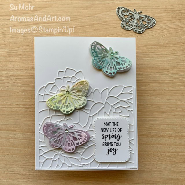 By Su Mohr; Click aromasandart to go to my web site for details! Featuring: Butterfly Brilliance, Butterfly Bijou, Brilliant Wings Dies, Springtime Joy Stamp Set, Potted Succulents Dies: #eastercards #butterfliesoncards #butterflybrilliance, #pottedsucculents #springtimejoy #brilliantwings #butterfliesoncards #earlyrelease #stampinup #handmadecards #handcrafted #diy #cardmaking #papercrafting #sumohr #aromasandart 