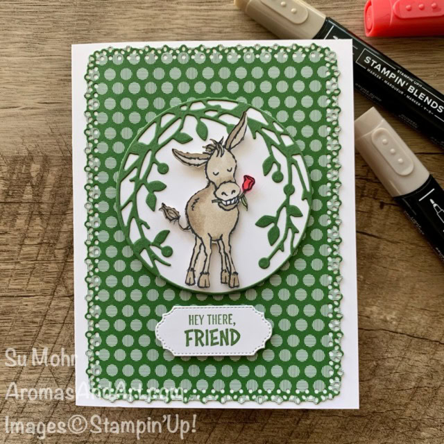 By Su Mohr; Click aromasandart to go to my web site for details! Featuring: Darling Donkeys Stamp Set, Bird & More Dies, layering Circles Dies, Ornate layers Dies, Ornate Frames Dies; #darlingdonkeys #donkeys #donkeysoncards #sale-a-bration2021 #birds&more #ornatelayers #ornateframes #handmadecards #handcrafted #diy #cardmaking #papercrafting #sumohr #aromasandart #friendshipcards