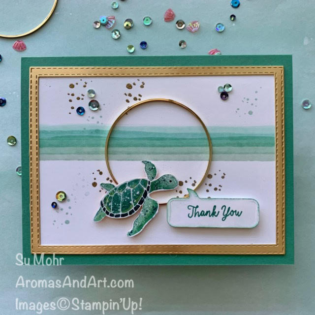 By Su Mohr for GDP 278; Click aromasandart.com to go to my blog for details! Featuring: Gold Hoops, Whale Of A Time Designer Paper, Special Day Dies, Someone Special Stamp Set, Stitched Rectangles Dies, Brushed Metallic Cardstock, Stampin' Blends, Whale Done Stamp Set, Whale Of A Time Sequins; #seaturtles #whaledone #whaleofatime #turtlesoncards #goldhoops #stampinblends #heatembossing #handmadecards #handcrafted #diy #cardmaking #papercrafting #stamping #thankyoucards #gdp278 #sumohr #aromasandart #aromasandart.com/shop