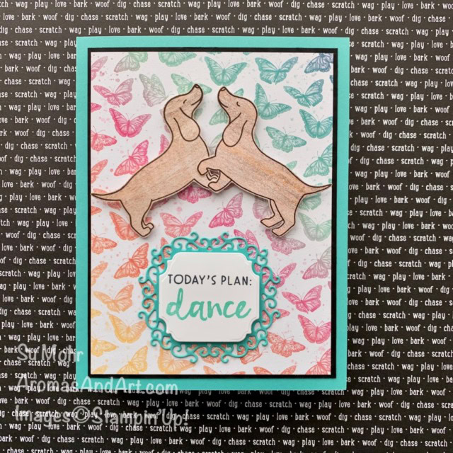 By Su Mohr for GDP 279; Click aromasandart.com to go to my blog for details! Featuring: Hot Dog Stamp Set, Butterfly Bijou Designer Paper, Nothing's Better Than Stamp Set, Ornate Frames Dies, In Good Taste Designer Paper; #sumohr #aromasandart #gdp279 #hotdog #ingoodtaste #nothing'sbetterthan #dancing #dogs #dogsoncards #animalsoncards #handmadecards #handcrafted #diy #cardmaking #papercrafting #stampinup #stamping #butterfliesoncards #sneakpeeks