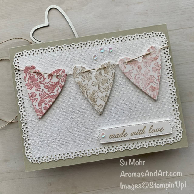 By Su Mohr for GDP 277; Click aromasandart.com to go to my blog for details! Featuring: Stitched Be Mine Dies, Textured Essentials Stamp Set, Potted Succulents Dies, Ornate Layers Dies, Tasteful Textile Embossing, Linen Thread; #valentines #valentinecards #hearts #heartsoncards #Quitecurvy #ornatelayers #colorchallenges #colorcombos #gdp277