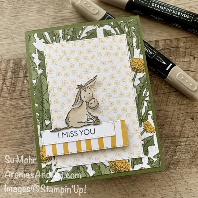 By Su Mohr for Fab Fri; Click aromasandart to go to my blog for details! Featuring: Darling Donkeys Stamp Set, Dandy Garden Designer Paper, Stitched Rectangles Dies, Stampin' Blends; #missyoucards #darlingdonkeys #dandygarden #handmadecards #handcrafted #diy #cardmaking #coloring #papercrafting #friendshipcards #sumohr #aromasandart #stamping #stampinup #donkeys #animalsoncards