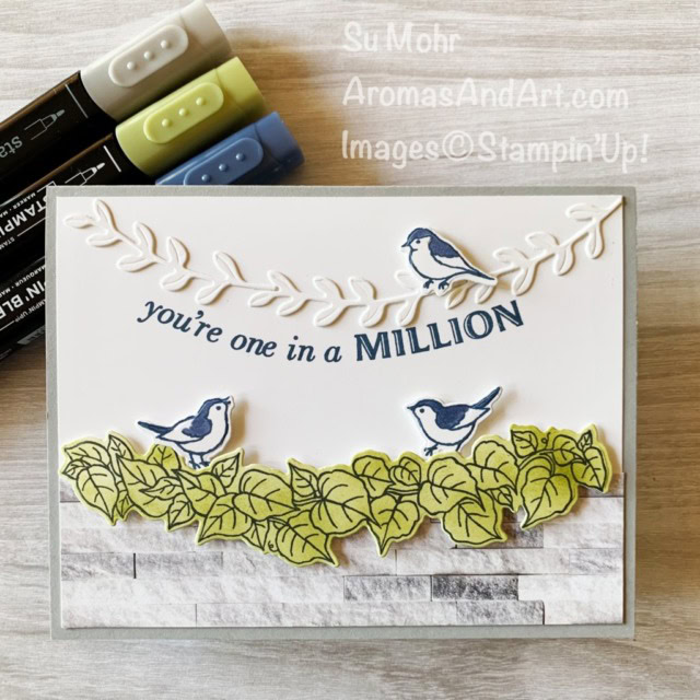 By Su Mohr for Fab Fri; Click aromasandart to go to my web site for details! Featuring: Quite Curvy Stamp Set, Curvy Dies, In Good Taste Designer Paper, Stampin' Blends; #quitecurvy, #curvydies #ingoodtaste #birds #birdoncards #handmadecards #handcrafted #diy #cardmaking #papercrafting #sumohr #aromasandart colorcombos #cardchallenges #stampinup #stamping
