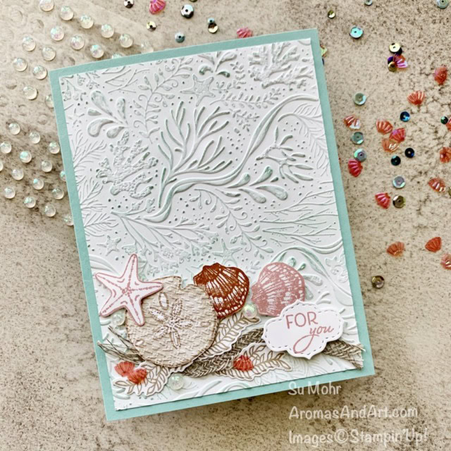 By Su Mohr for GDP287; Click aromasandart to go to my web site for details! Featuring: Seabed Embossing Folder, Friends Are Like Seashells Stamp Set, Stitched So Sweetly Dies, Braided Linen Trim, Opal Rounds, Whale Of A Time Sequins; #friendsarelikeseashells #seashells #shells #shellsoncards #seabedembossing #handmadecards #handcrafted #diy #cardmaking #papercrafting #sumohr #aromasandart #stampinup #lastchancesale #stampinupsale #cardthemes #cardchallenges