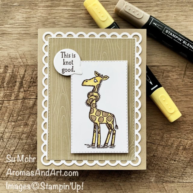 By Su Mohr for Fusion; Click aromasandart to go to my web site for details! Featuring: Back On Your Feet Stamp Set, Stitched Rectangles Dies, Scalloped Contours Dies, Snail Dies, Stampin' Blends; #getwellcards #sympathycards, #humorouscards #giraffes #giraffesoncards #backonyourfeet #scallopedcontoursdies #handmadecards #handcrafted #diy #cardmaking #papercrafting #sumohr #aromasandart