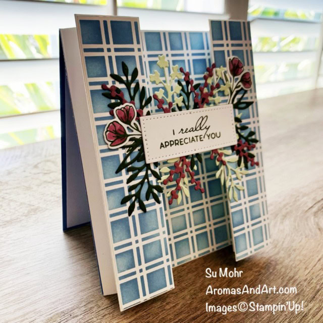 By Su Mohr for the Pals Blog Hop; Click aromasandart.com to go to my website for details! Featuring: Timeless Arrangements Bundle, Artistic Mix Decorative Masks; #timelessarrangements #artisticmixdecorativemasks #stenciling #stencilingoncards #masks #funfolds #fancyfolds #howtomakefunfolds #bridgefunfold #bridge/easelfunfold #handmadecards #handcrafted #cardmaking #diy #papercrafting #palsbloghop #casethecatalog #stamping #stampinup #sumohr #thankyoucards 