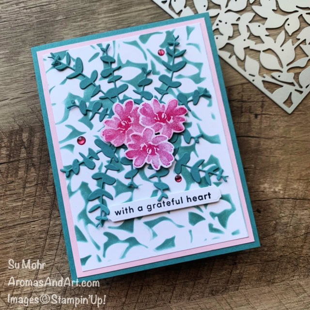 By Su Mohr for The Paper Players; Click aromasandart.com to go to my website for details! Featuring: Textured Floral Stamp Set, Textured Floral Dies, Gorgeous Garden Dies, Sending Dies; #texturedfloral #gorgeousgarden #handmadecards #handcrafted #diy #cardmaking #papercrafting #flowersoncards #colorchallenges #colorcombos #stamping #stampinup #sumohr