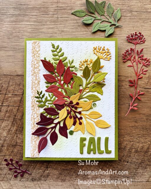 By Su Mohr for Stampin' Fancy Friday; Click aromasandart.com to go to my website for details! Featuring: Splendid Autumn DSP, Beautiful Motifs Dies, Thankful Garden Dies, Branching Out Dies, Traditional Sparkling Sequins Gathering Leaves Embossing, Irregular Weave Trim; #splendidautumn #beautifulmotifs #thankfulgarden #branchingout #minialphabet #sparklingsequins #gatheringleaves #irregularweavetrim #fall #regals #stampinfancyfriday #handmadecards #cardmaking