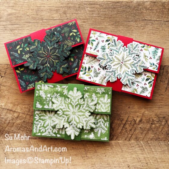 By Su Mohr for the Fun Folds Blog Hop; Click aromasandart.com to go to my blog for details! Featuring: Delicate Pines Dies, Elegant Pine Snowflakes DSP, Paper Trimmer; #delicatepines #elegantpinesnowflakes #giftcardholders #snowflakes #giftsforchristmas #handmadecards #diy #cardmaking #giftcardholders #stampinup #funfolds #funfoldsbloghop