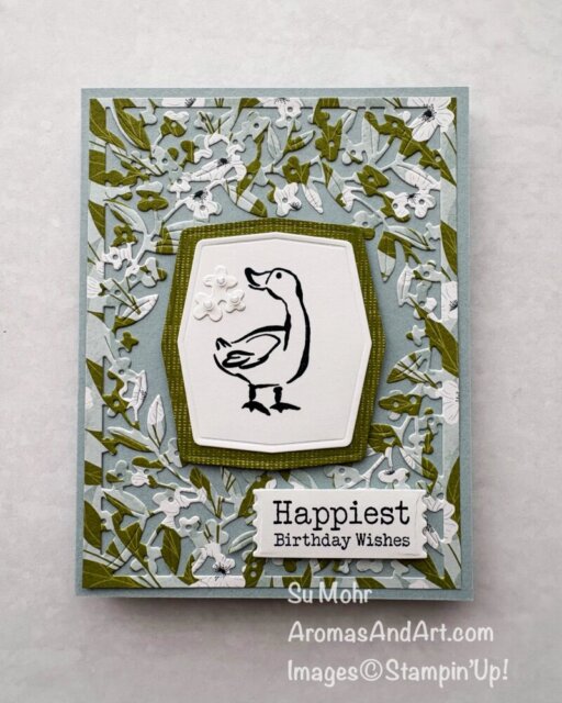 By Su Mohr; Click aromasandart.com to go to my website for details! Featuring: Notes Of Spring stamp set, Forever Florals Dies, Lovely Blossoms DSP, Perennial Postage Dies; #notesofspring #foreverflorals #perennialpostage #goose #lovelyblossoms #pearls #handmadecards #handcrafted #cardmaking #stampin'up!