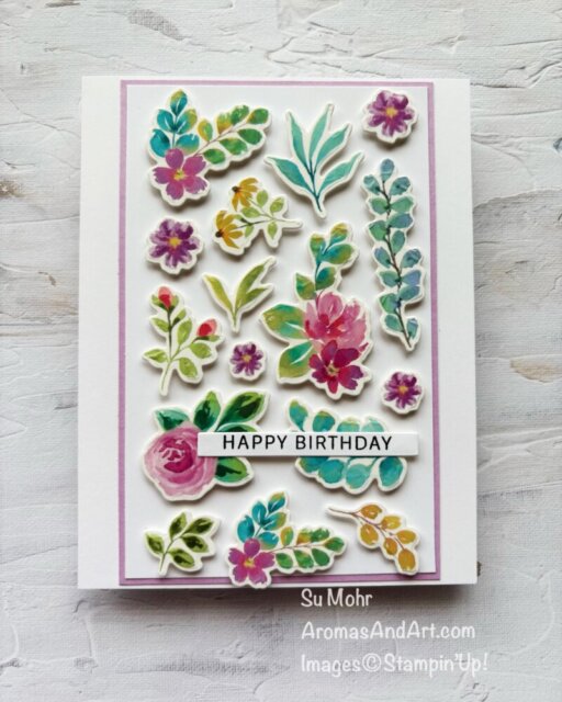 By Su Mohr for TGIF; Click aromasandart.com to go to my website for details! Featuring: Extraordinary Flora Washi Tape and Die; #extraordinaryflora #washitape #lovelyarrangements #tgif #productchallenge #cardtechnique #birthdaycard